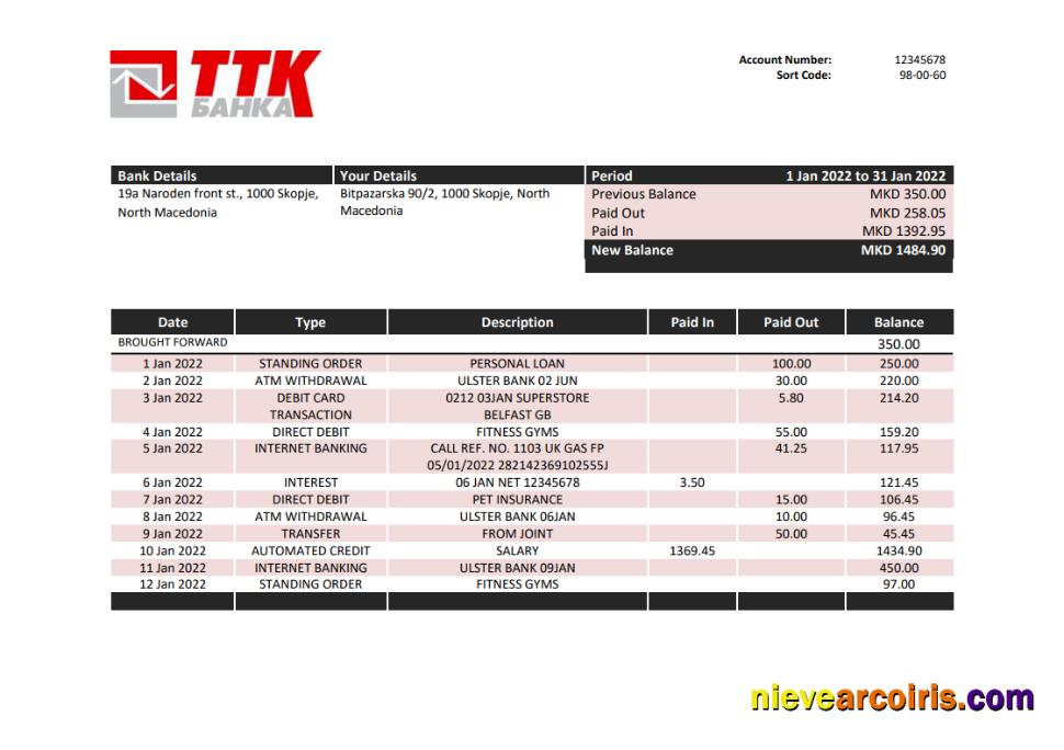 Macedonia TTK bank statement in Word and PDF format